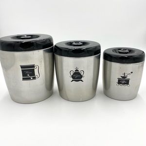 Vintage West Bend Aluminum 3 Piece Nesting Canister Set Black Lids.